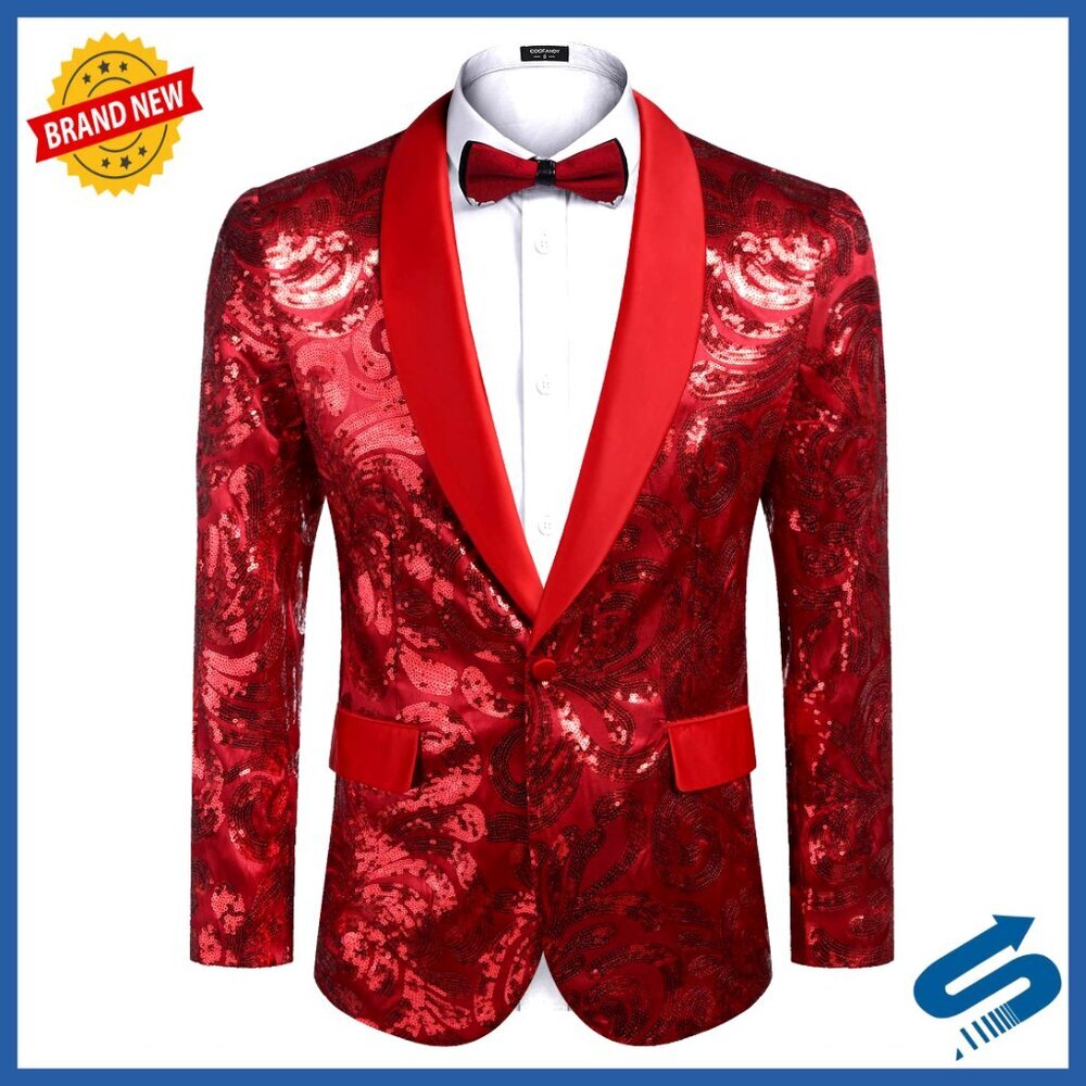 Men's Sequin Blazer Sparkly Glitter Jacket Shawl Collar Formal Party Wear